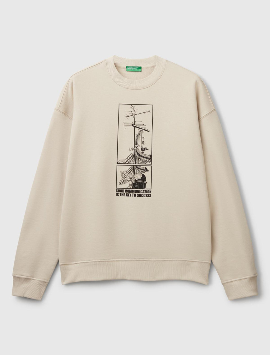 Erkek Taş Rengi Pamuk Karışımlı Önü Baskılı Relax Fit Sweatshirt Erkek Taş Rengi Pamuk Karışımlı Önü Baskılı Relax Fit Sweatshirt