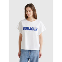 Kadın Beyaz %100 Pamuk Önü Yazı Baskılı Relax Fit T-Shirt