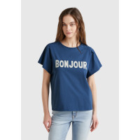 Kadın Denim %100 Pamuk Önü Yazı Baskılı Relax Fit T-Shirt