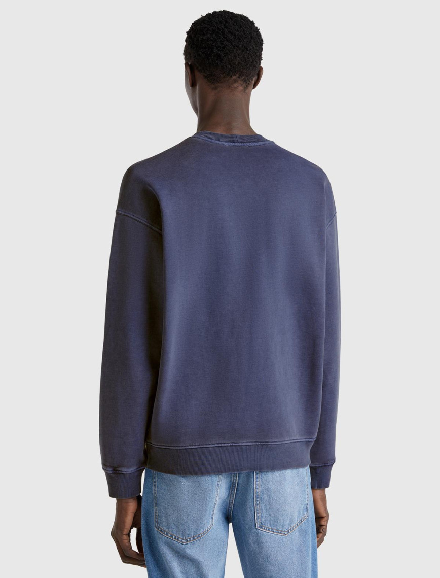 Erkek İndigo Pamuklu Logo Etiketi Detaylı Bisiklet Yaka Sweatshirt