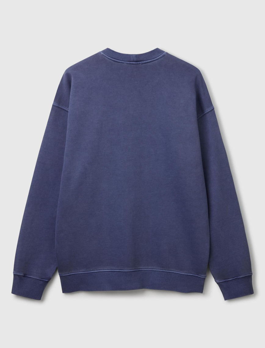 Erkek İndigo Pamuklu Logo Etiketi Detaylı Bisiklet Yaka Sweatshirt