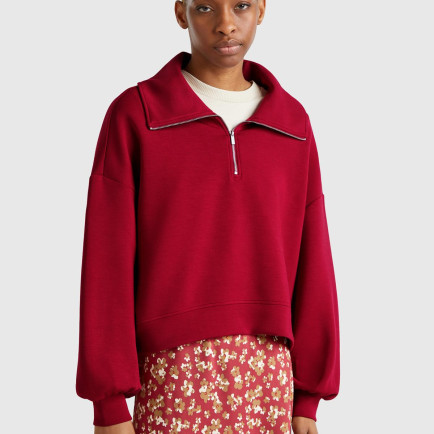 Kadın Bordo Modal Karışımlı Yarım Fermuarlı Polo Yaka Sweatshirt