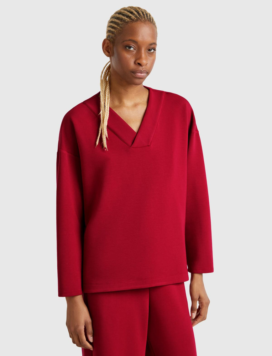 Kadın Krem Modal Karışımlı V Yaka Uzun Kollu Sweatshirt