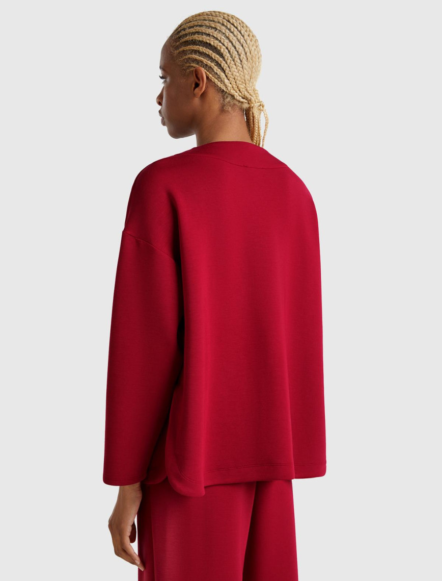 Kadın Bordo Modal Karışımlı V Yaka Uzun Kollu Sweatshirt