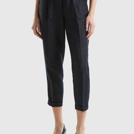 Kadın Siyah %100 Keten Beli Lastikli Pantolon