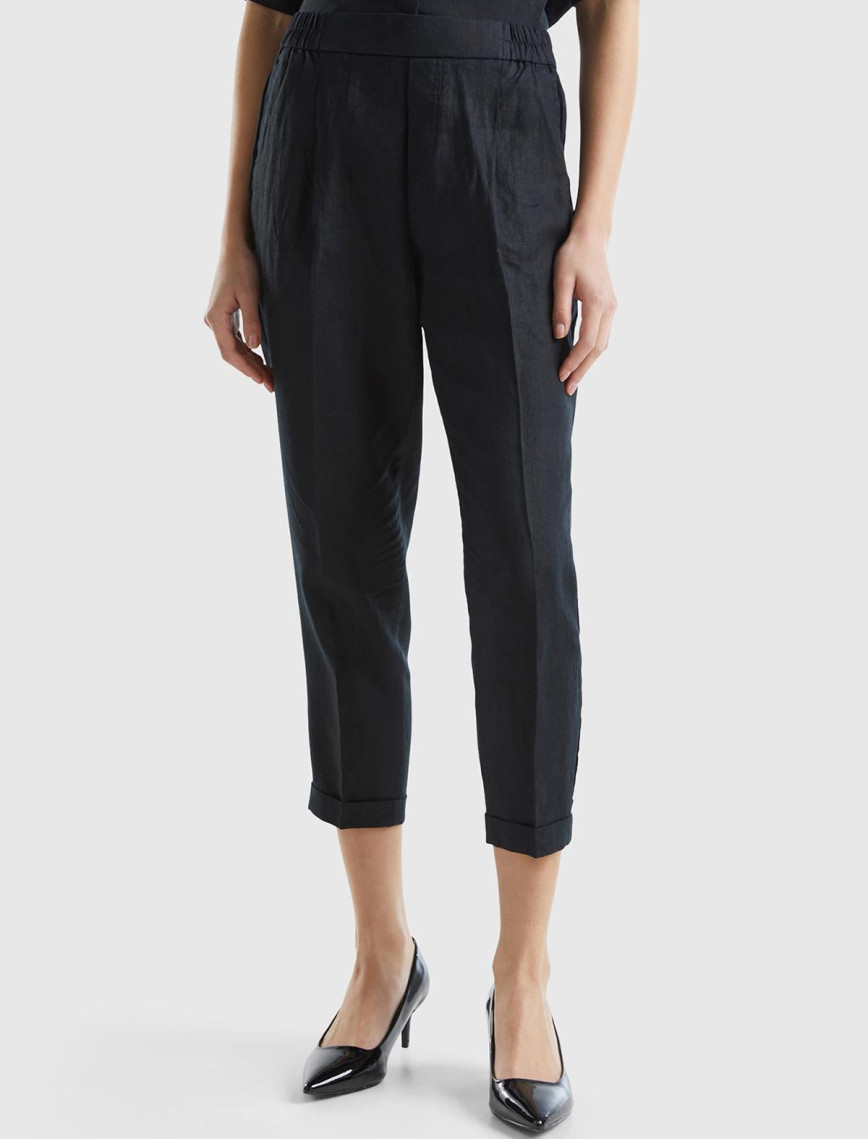 Kadın Taş Rengi %100 Keten Beli Lastikli Pantolon