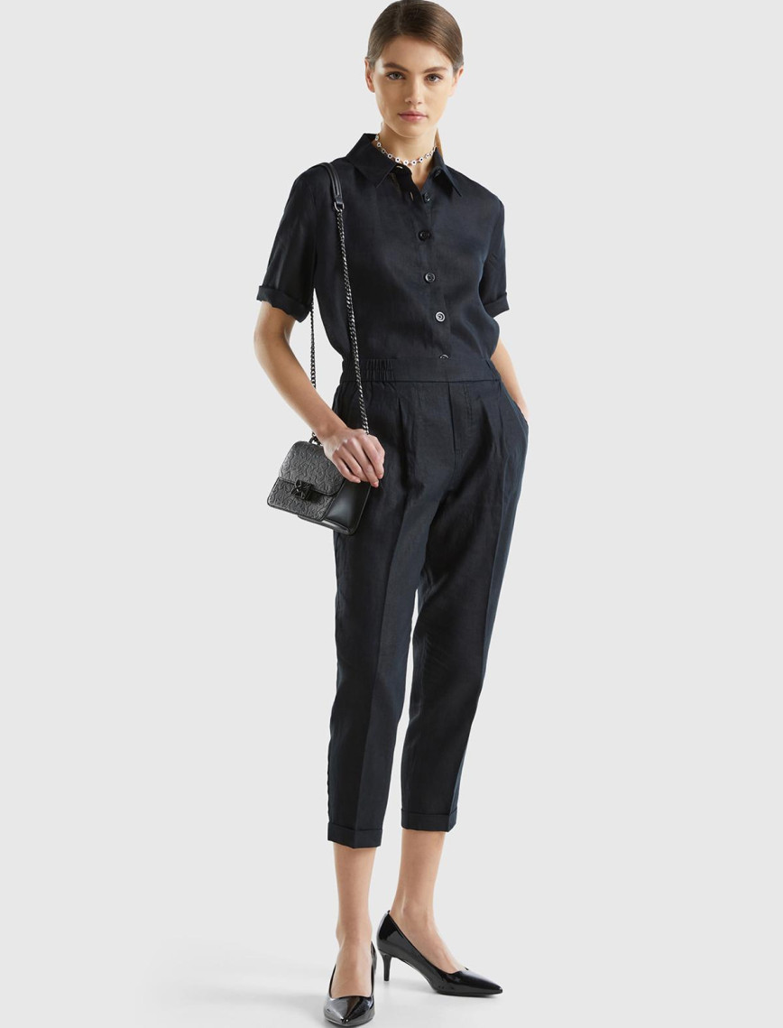 Kadın Siyah %100 Keten Beli Lastikli Pantolon