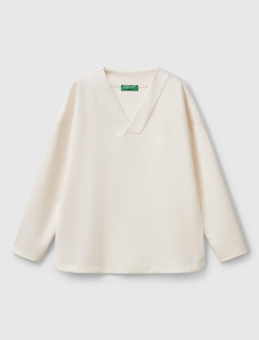 Kadın Krem Modal Karışımlı V Yaka Uzun Kollu Sweatshirt