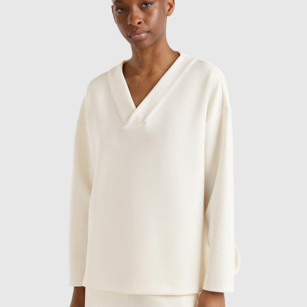 Kadın Krem Modal Karışımlı V Yaka Uzun Kollu Sweatshirt