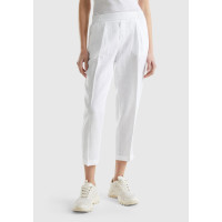 Kadın Beyaz %100 Keten Beli Lastikli Pantolon