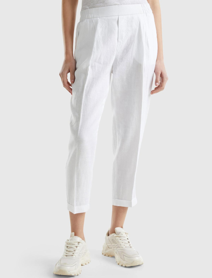 Kadın Taş Rengi %100 Keten Beli Lastikli Pantolon