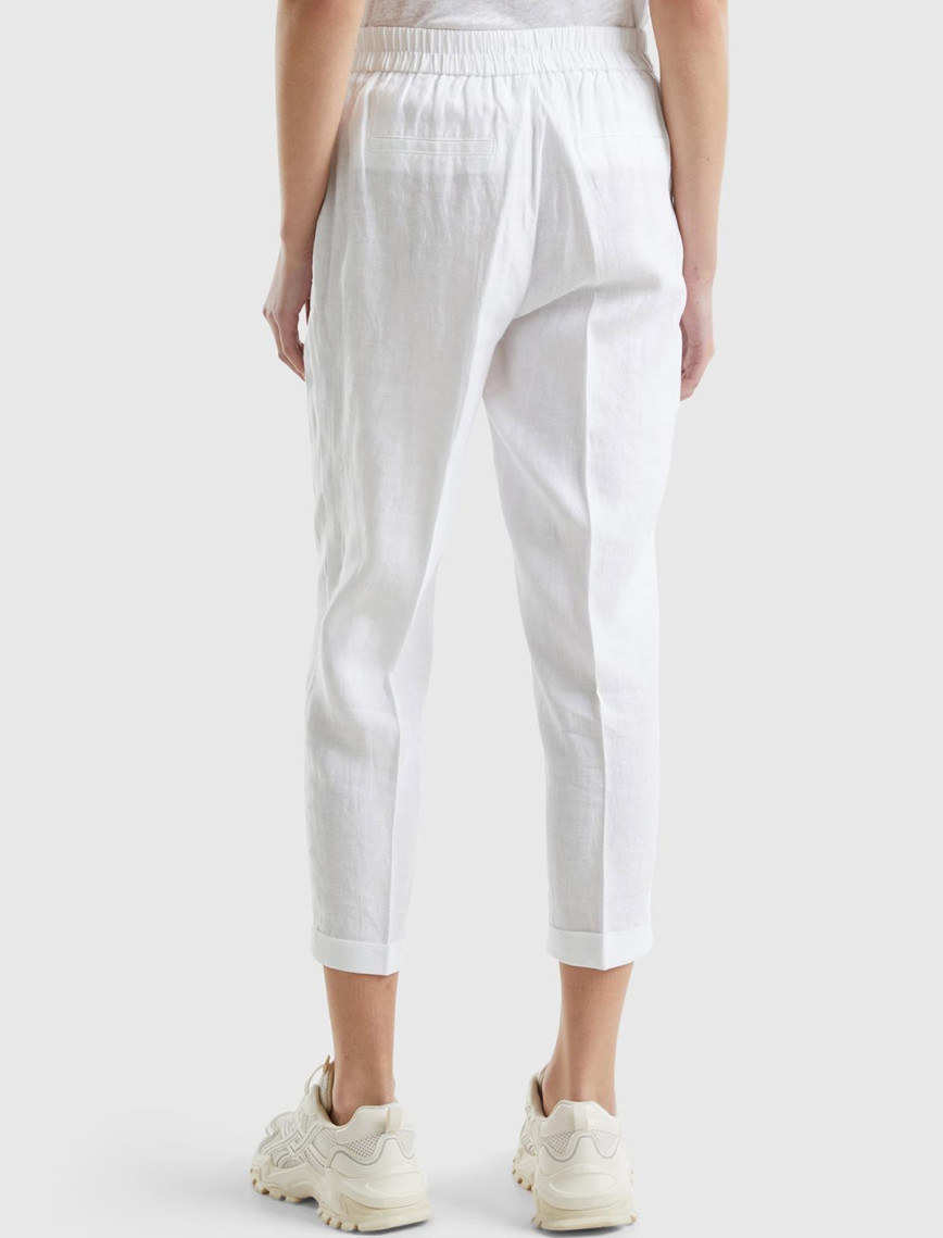 Kadın Beyaz %100 Keten Beli Lastikli Pantolon
