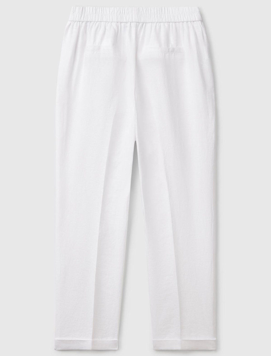 Kadın Beyaz %100 Keten Beli Lastikli Pantolon