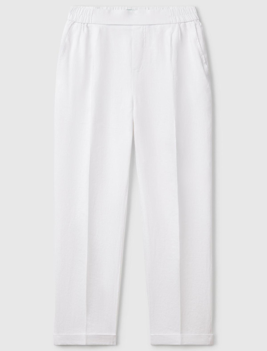 Kadın Beyaz %100 Keten Beli Lastikli Pantolon