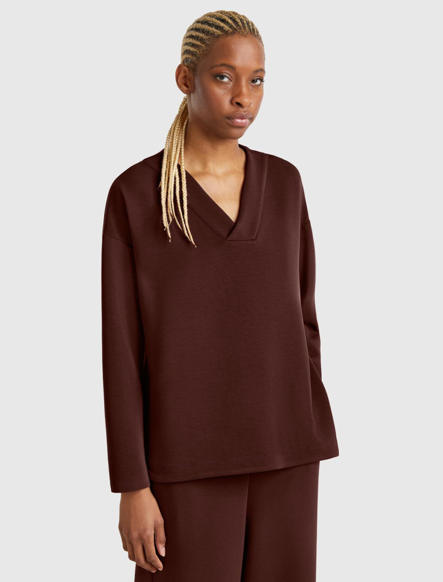 Kadın Krem Modal Karışımlı V Yaka Uzun Kollu Sweatshirt