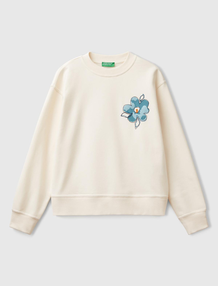 Kadın Krem Koton Karışımlı Çiçek Desenli Sweatshirt Kadın Krem Koton Karışımlı Çiçek Desenli Sweatshirt