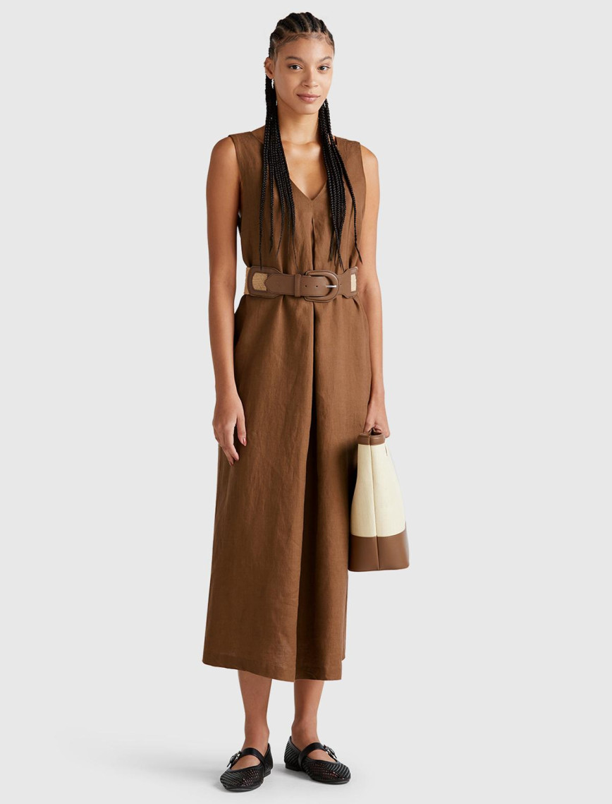 Kadın Kahverengi %100 Keten V Yaka Kolsuz A Kesim Midi Elbise