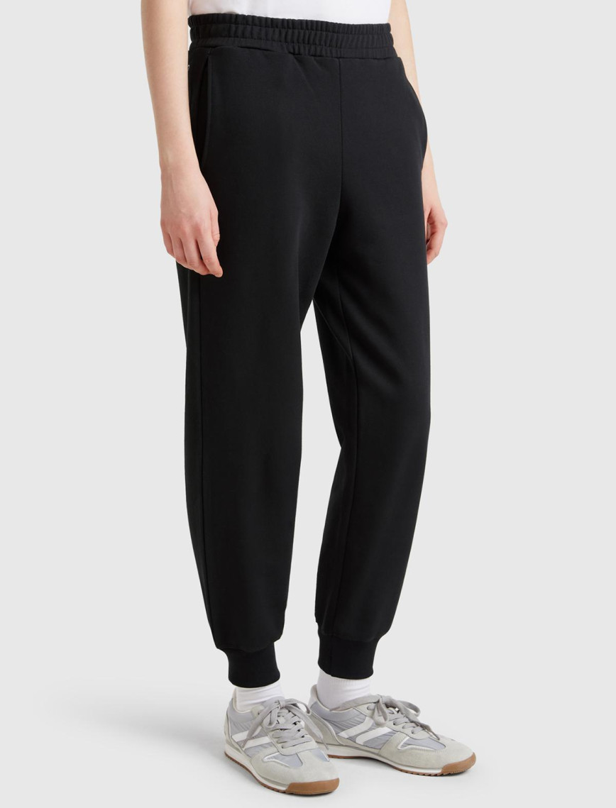 Kadın Siyah %100 Pamuk Manşetli Beli Lastikli Regular Fit Eşofman Altı