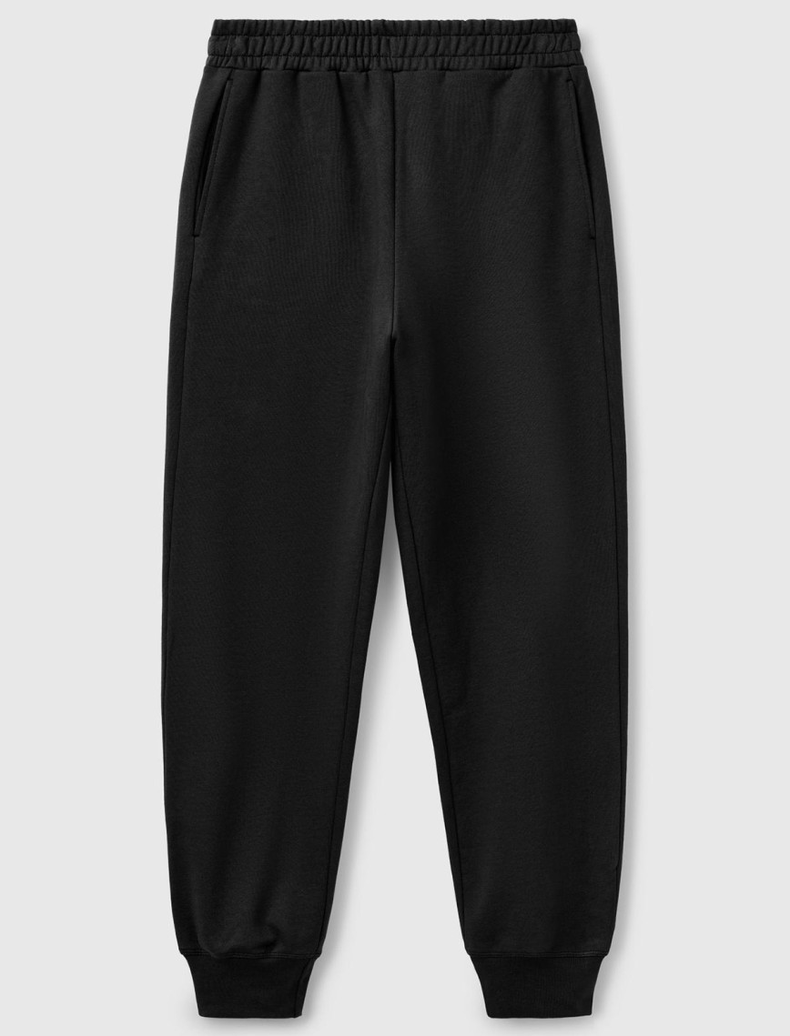 Kadın Siyah %100 Pamuk Manşetli Beli Lastikli Regular Fit Eşofman Altı