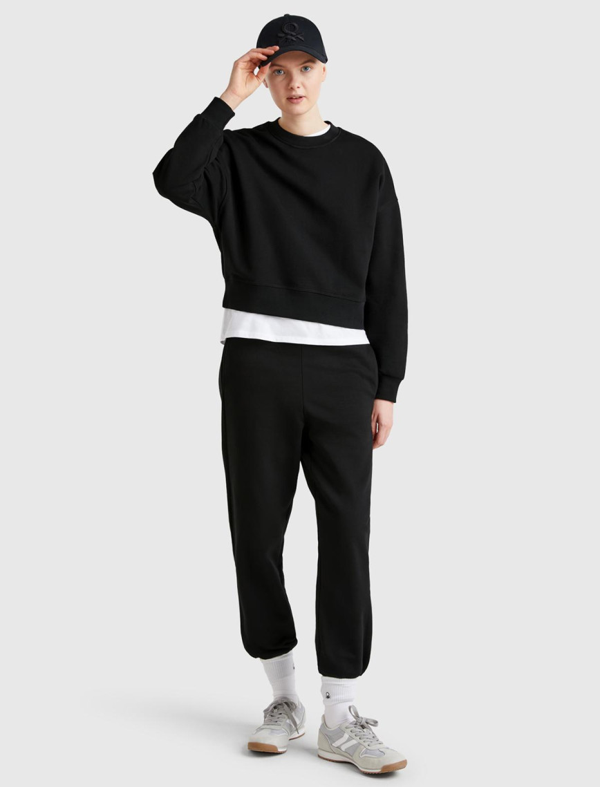 Kadın Siyah %100 Pamuk Manşetli Beli Lastikli Regular Fit Eşofman Altı