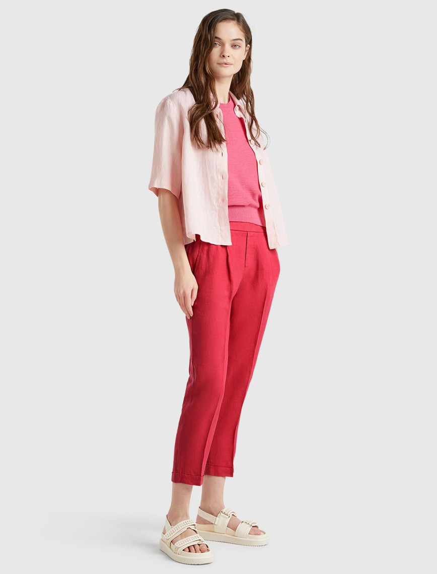 Kadın Fuşya %100 Keten Beli Lastikli Pantolon