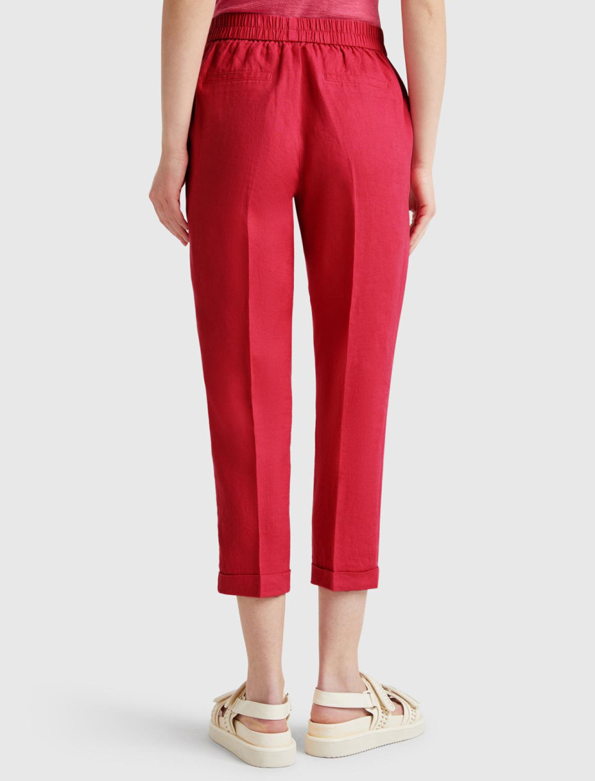 Kadın Fuşya %100 Keten Beli Lastikli Pantolon