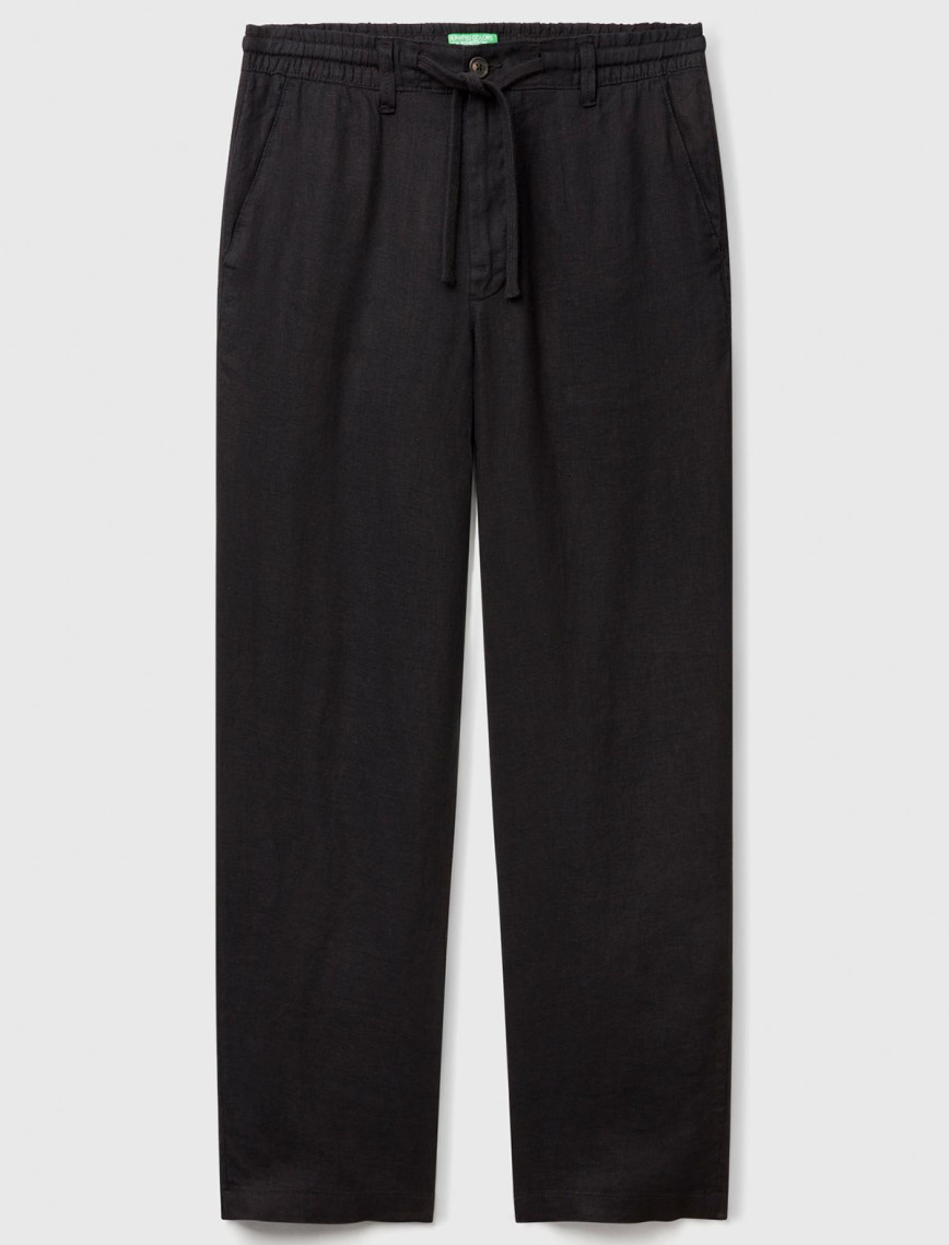 Erkek Siyah %100 Keten Beli İpli Pantolon