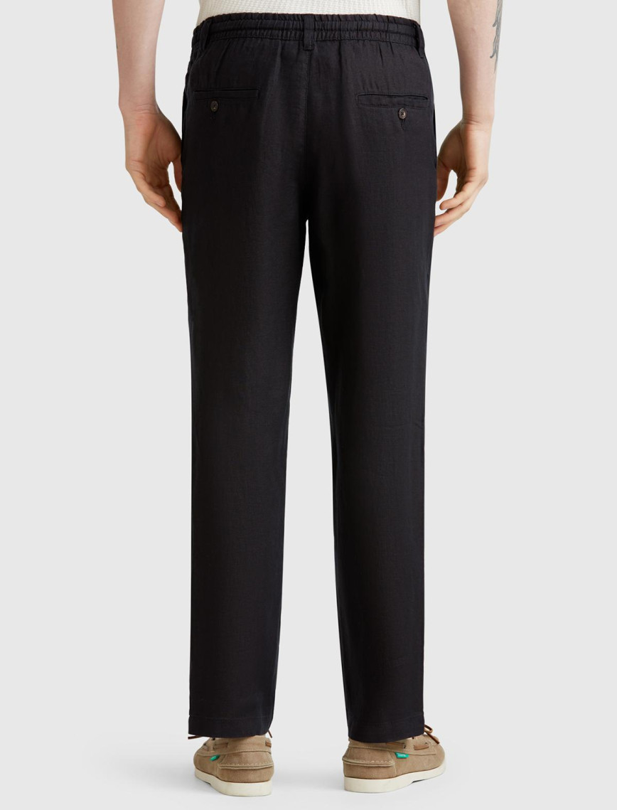 Erkek Siyah %100 Keten Beli İpli Pantolon