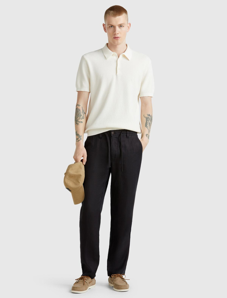 Erkek Siyah %100 Keten Beli İpli Pantolon