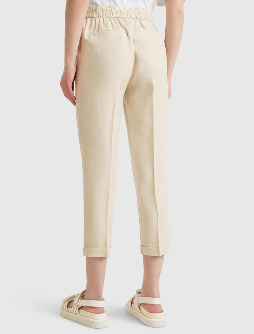 Kadın Taş Rengi %100 Keten Beli Lastikli Pantolon