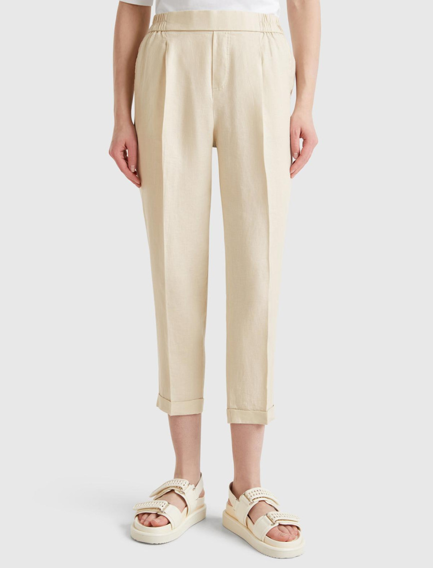 Kadın Taş Rengi %100 Keten Beli Lastikli Pantolon