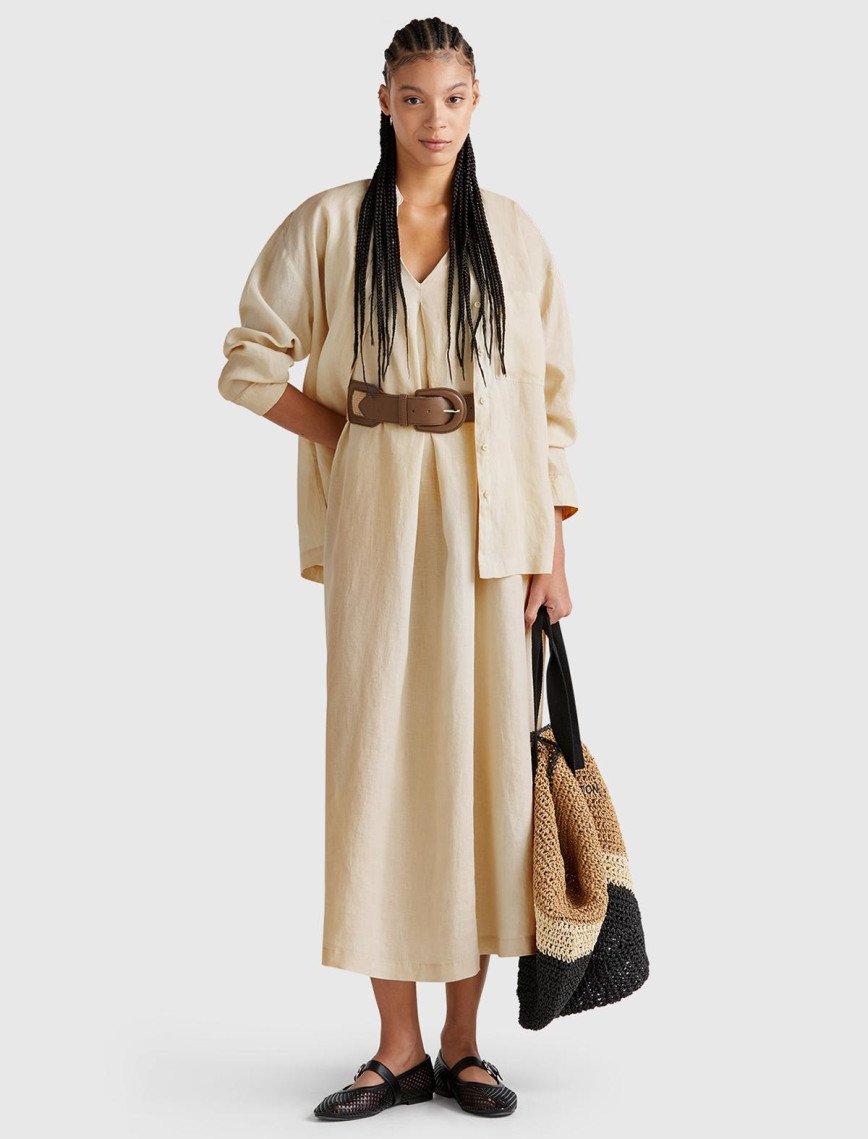 Kadın Taş Rengi %100 Keten V Yaka Kolsuz A Kesim Midi Elbise