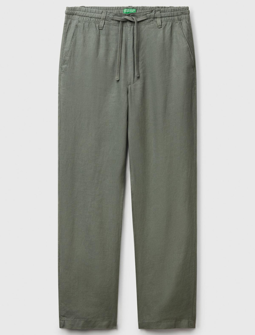 Erkek Soluk Yeşil %100 Keten Beli İpli Pantolon