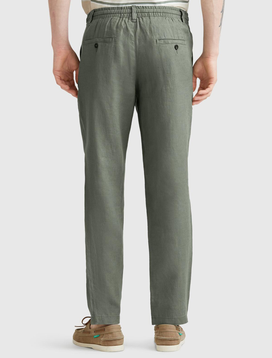 Erkek Soluk Yeşil %100 Keten Beli İpli Pantolon