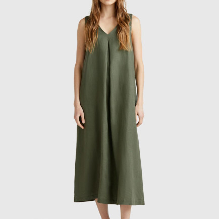 Kadın Haki %100 Keten V Yaka Kolsuz A Kesim Midi Elbise