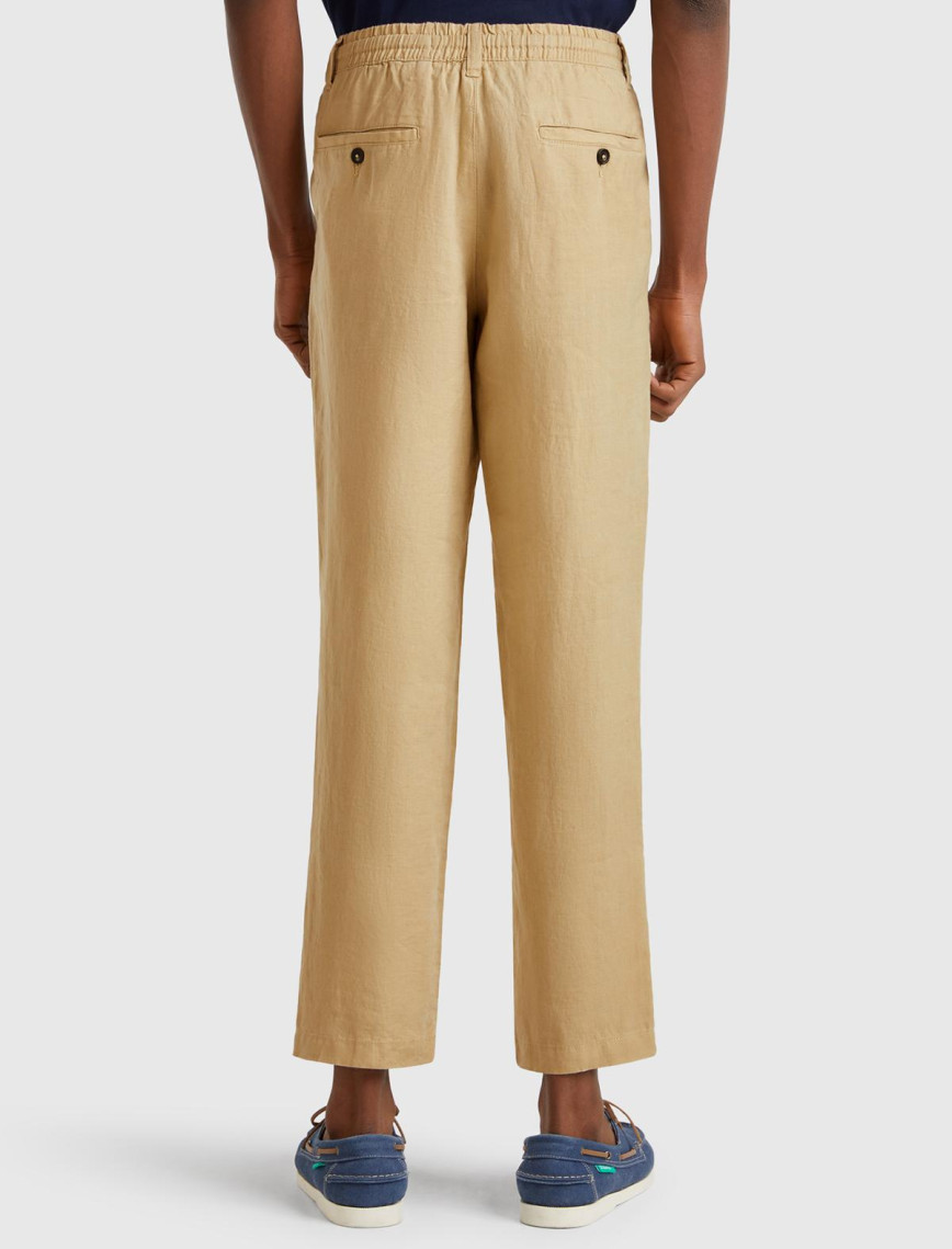 Erkek Bej %100 Keten Beli İpli Pantolon