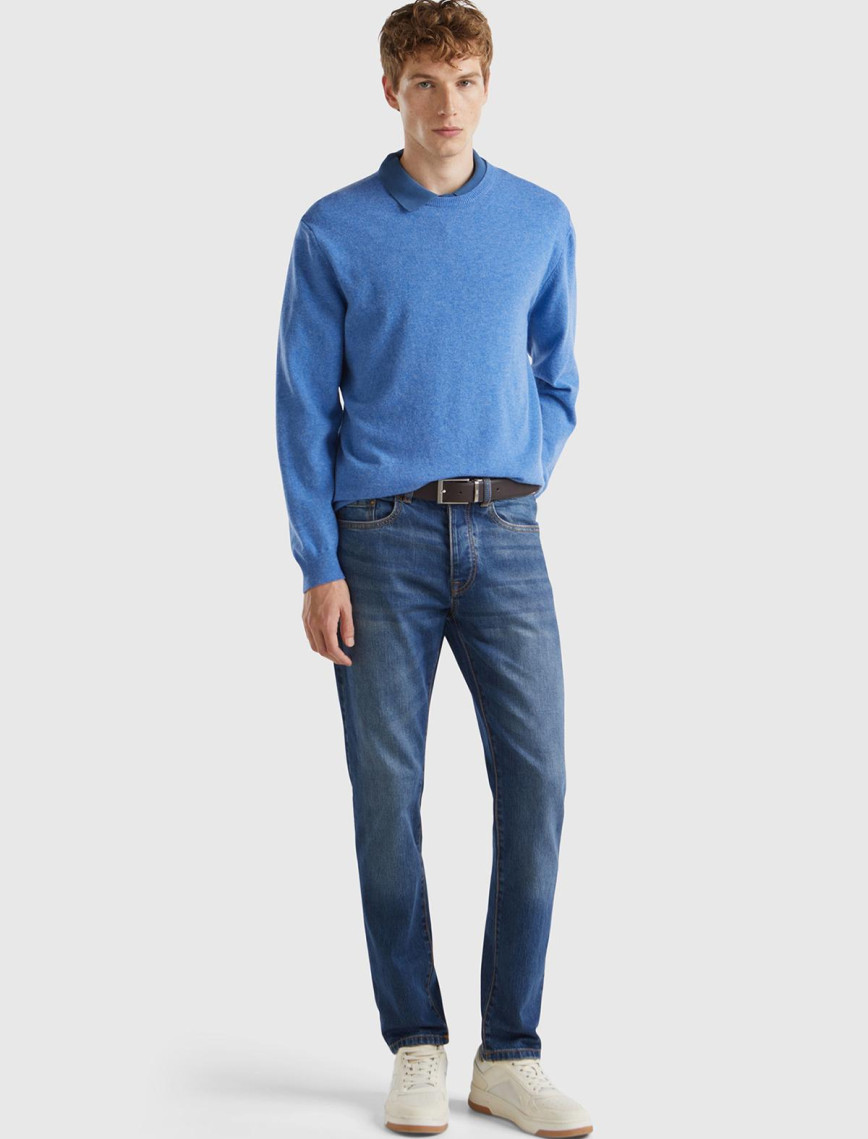 Erkek Koyu Mavi Pamuk Karışımlı Arkası Logo Etiketli Cepli Slim Fit Denim Pantolon