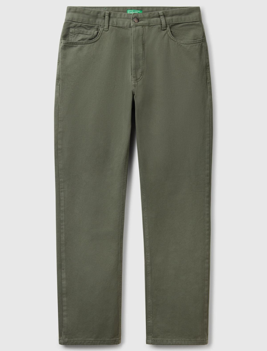 Erkek Soluk Yeşil %100 Pamuk Beli Logo Etiketli 5 Cepli Straight Fit Pantolon