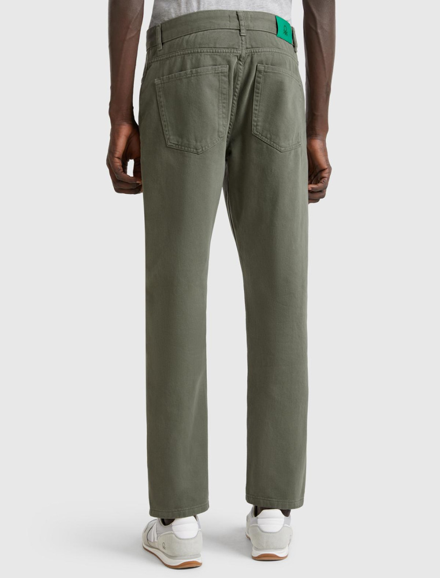 Erkek Soluk Yeşil %100 Pamuk Beli Logo Etiketli 5 Cepli Straight Fit Pantolon