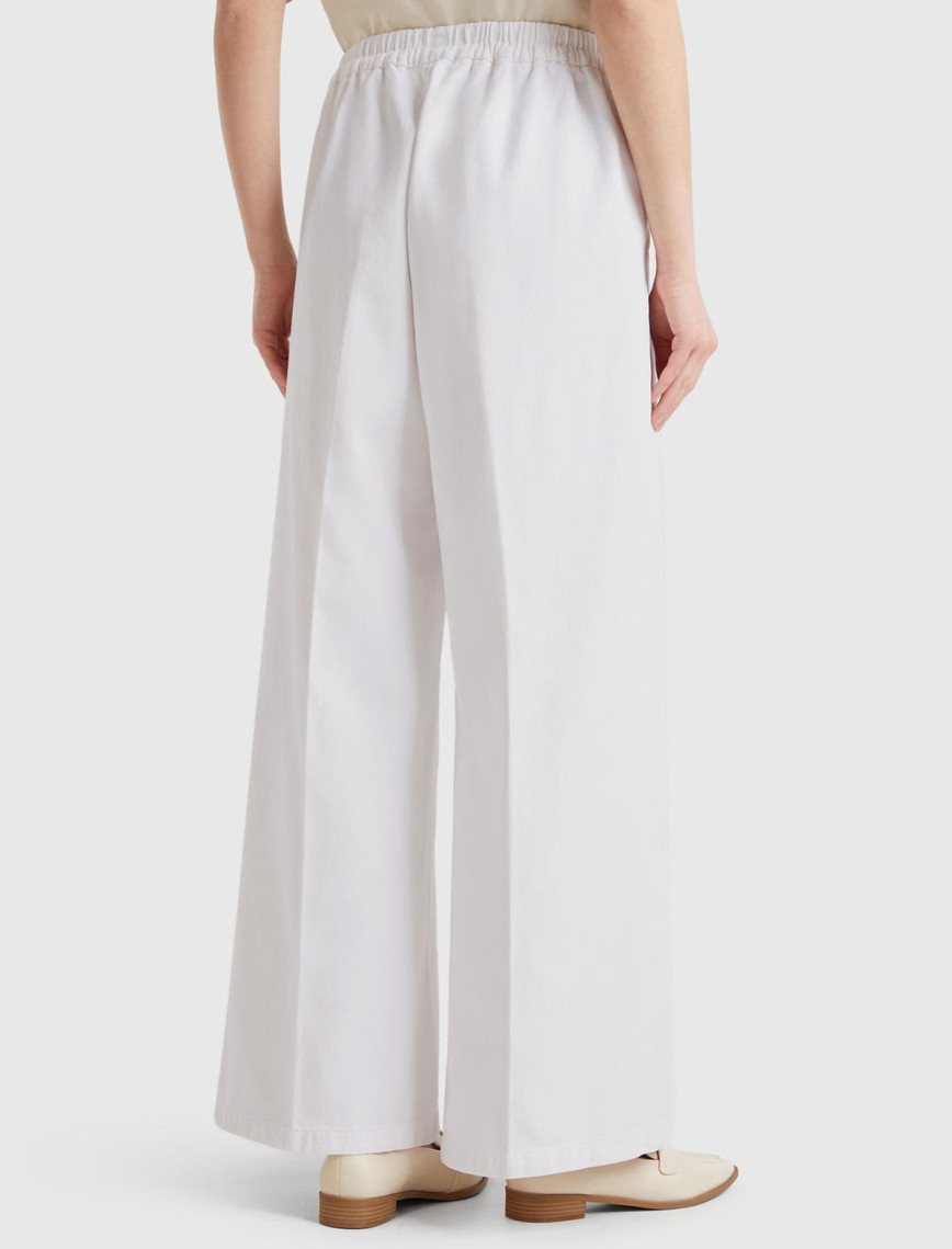 Kadın Beyaz %100 Pamuk Arka Beli Lastikli Palazzo Pantolon
