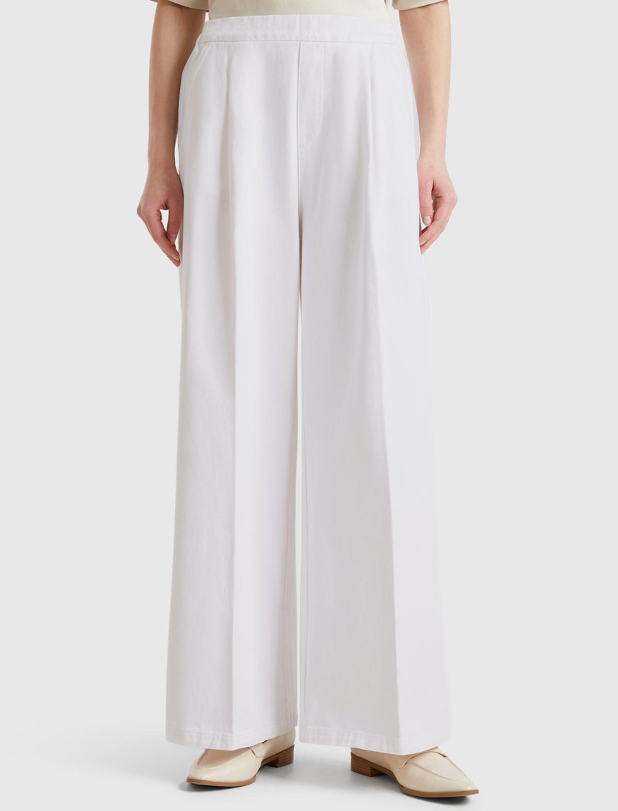 Kadın Beyaz %100 Pamuk Arka Beli Lastikli Palazzo Pantolon