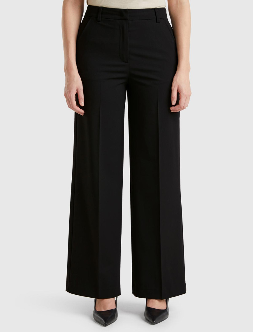 Kadın Lacivert Streç Kumaşlı Yüksek Bel Wide Leg Pantolon