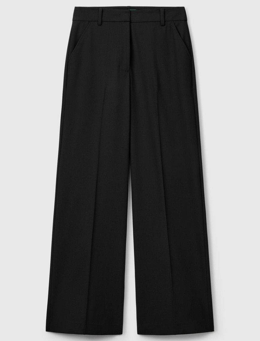 Kadın Siyah Streç Kumaşlı Yüksek Bel Wide Leg Pantolon