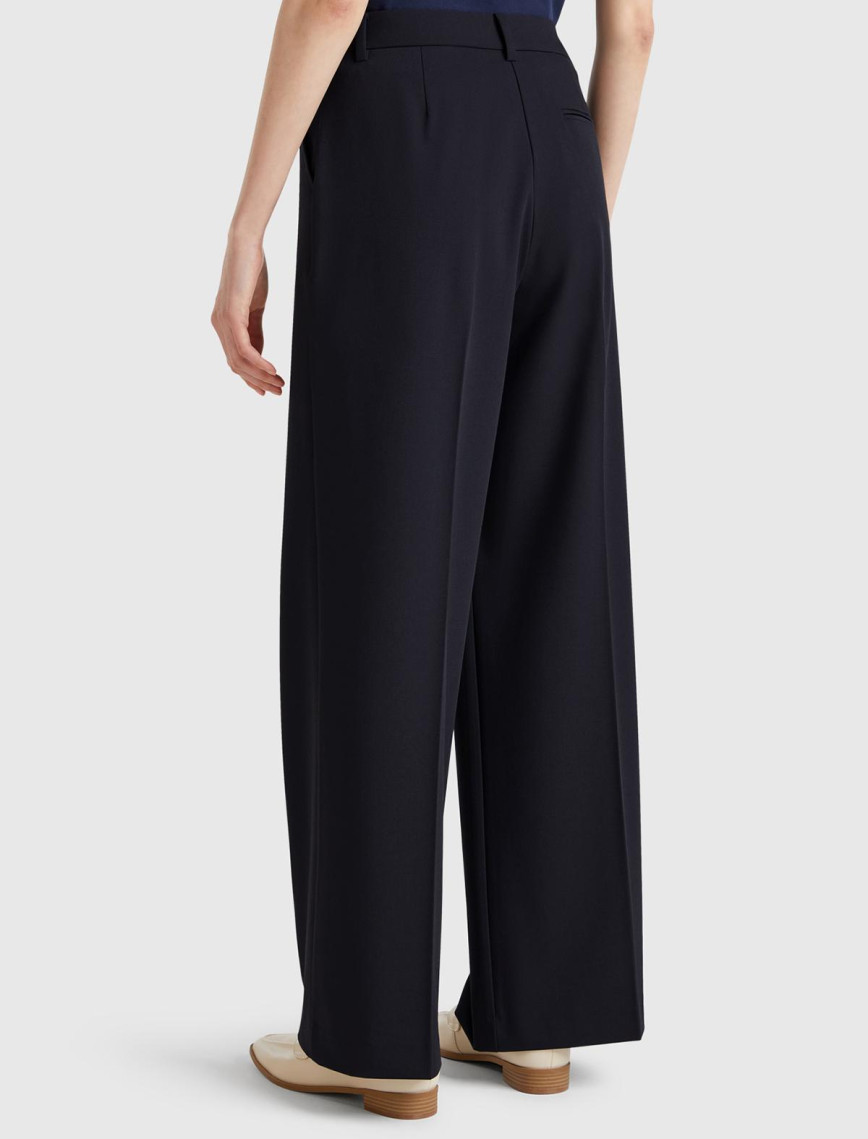 Kadın Lacivert Streç Kumaşlı Yüksek Bel Wide Leg Pantolon