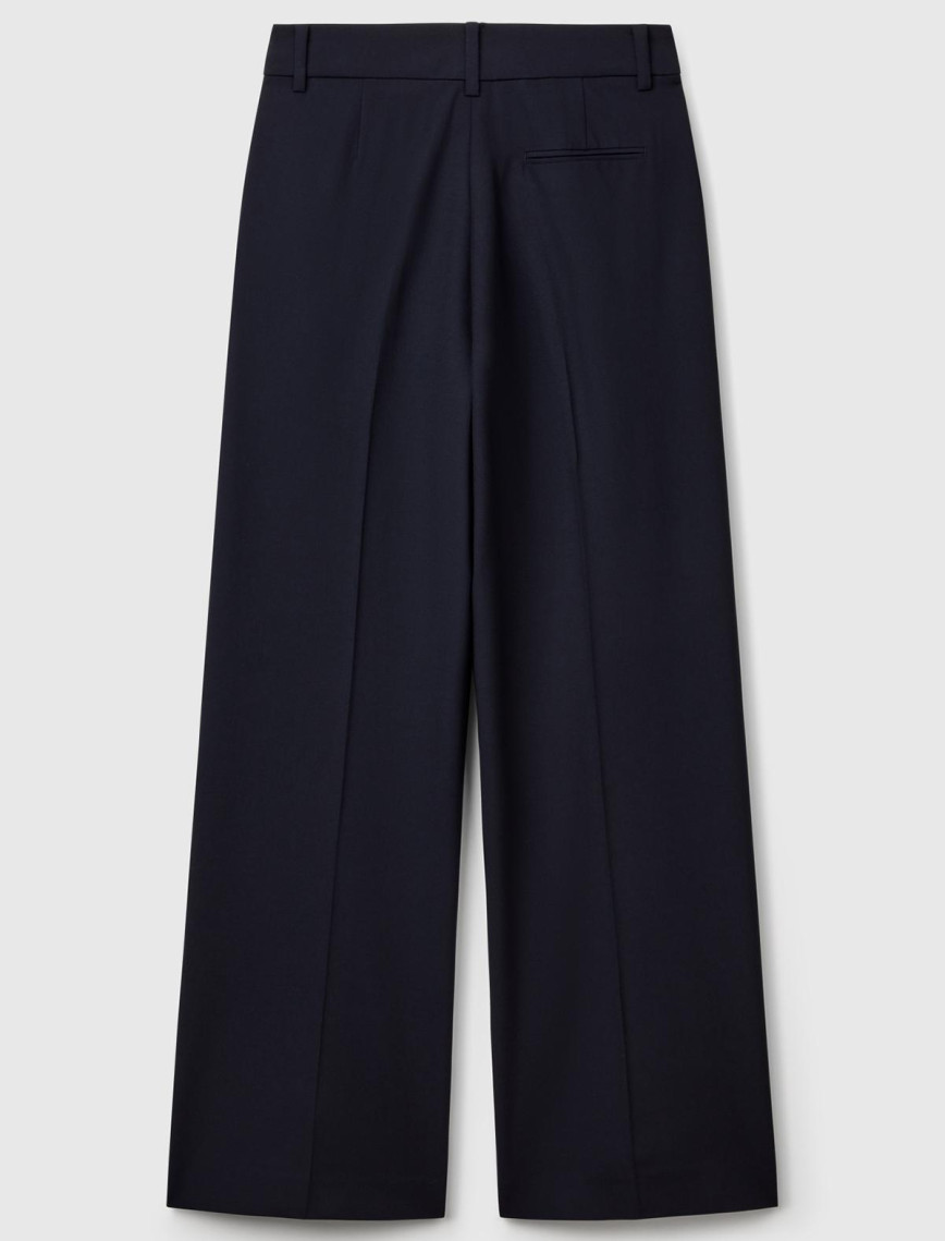 Kadın Lacivert Streç Kumaşlı Yüksek Bel Wide Leg Pantolon