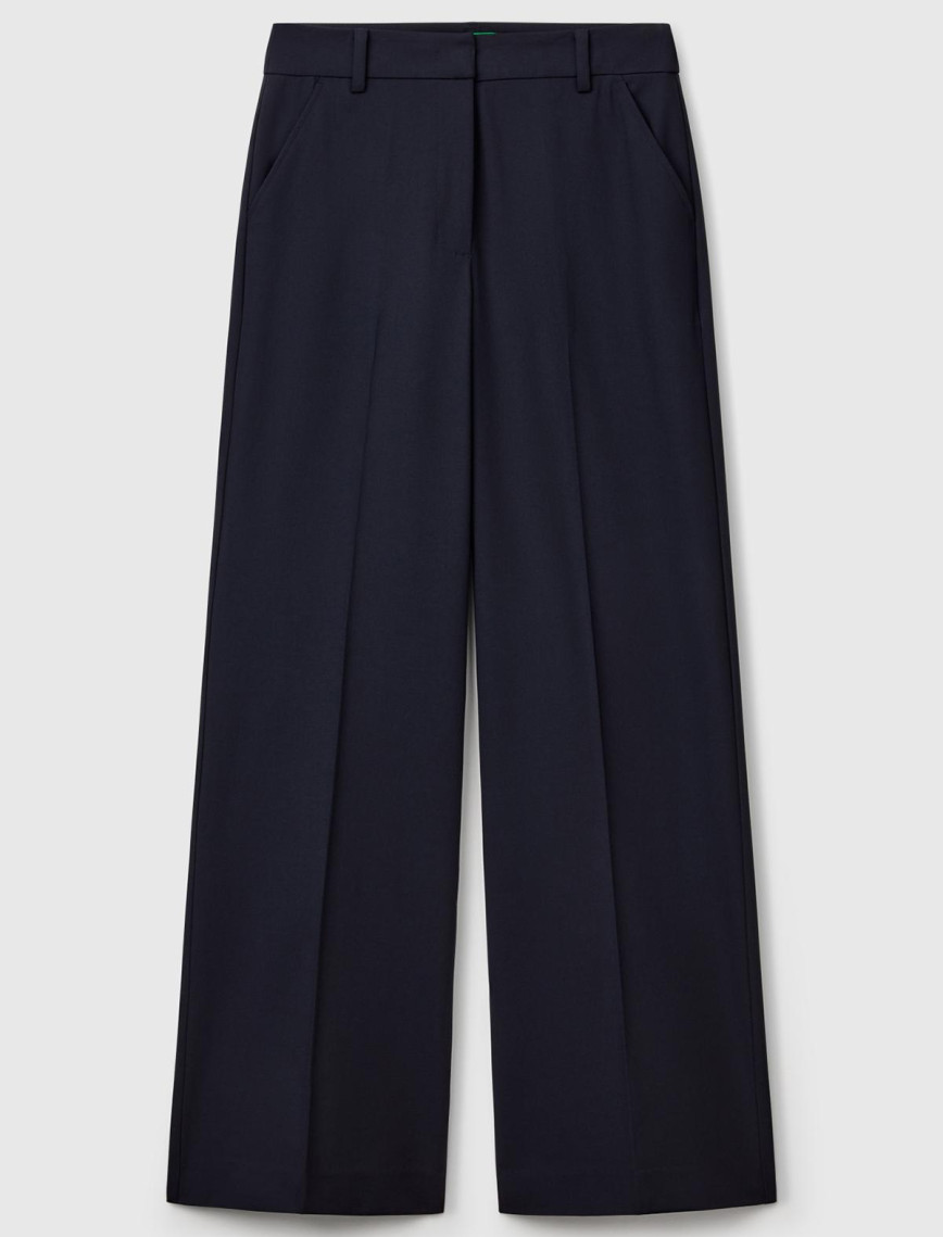 Kadın Lacivert Streç Kumaşlı Yüksek Bel Wide Leg Pantolon