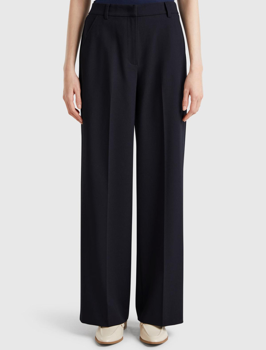 Kadın Lacivert Streç Kumaşlı Yüksek Bel Wide Leg Pantolon