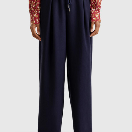 Kadın Lacivert Liyosel Karışımlı Beli Lastikli Geniş Paça Pantolon