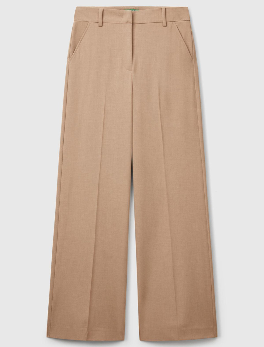 Kadın Bej Streç Kumaşlı Yüksek Bel Wide Leg Pantolon