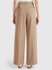 Kadın Bej Streç Kumaşlı Yüksek Bel Wide Leg Pantolon